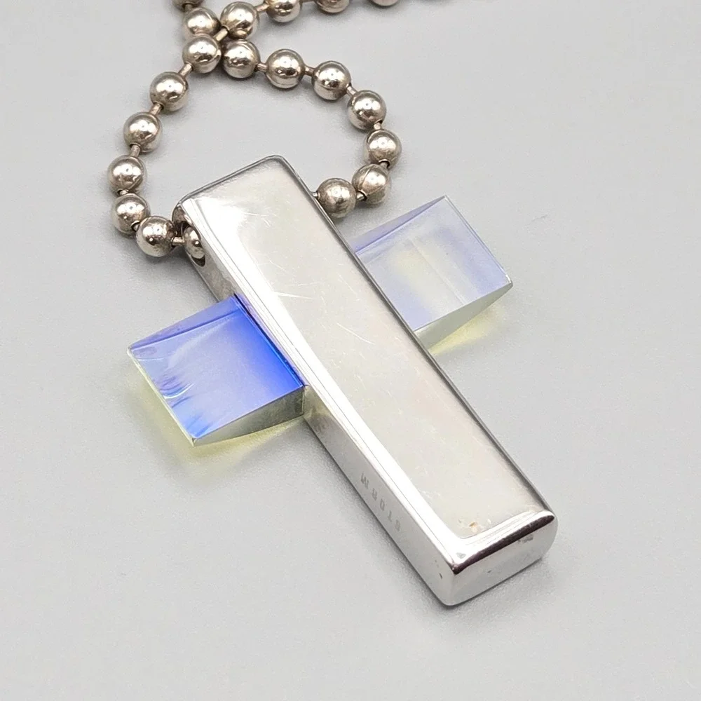 STORM London Stainless‎ Steel Iridescent Glass Cross Pendant Ball Chain Necklace